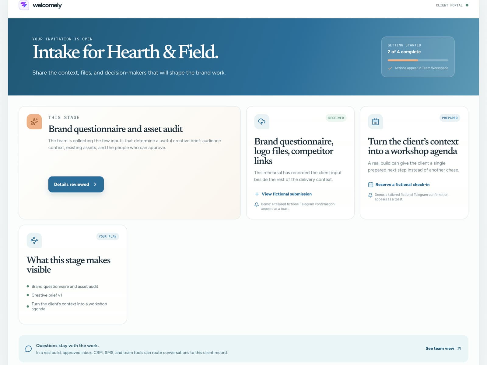 Welcomely client portal — the no-login view a client actually sees: the stage they are in, the one thing needed from them, where to put it, and a prepared next step