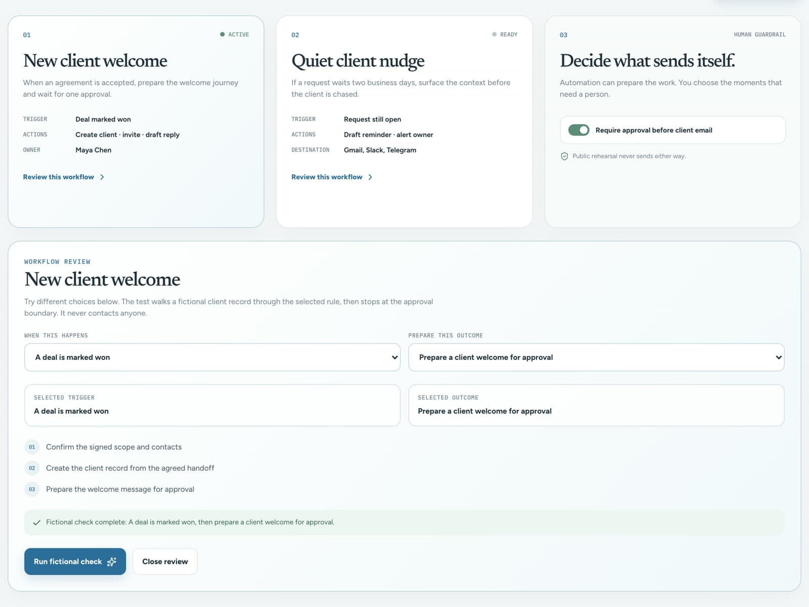 Welcomely Workflow Studio — a repeatable client moment built as a visible rule, with the trigger, the outcome, and the toggle deciding whether a person approves before anything reaches the client