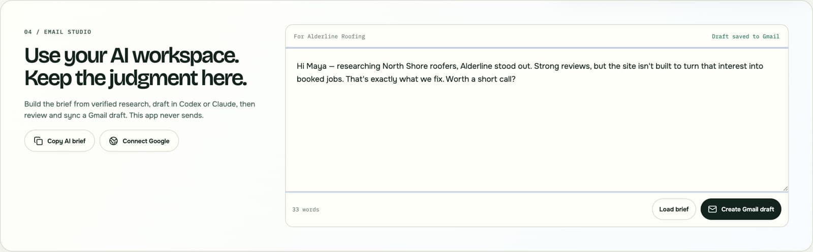 Lead Enrichment Lab email studio — a personalized outreach email drafted in the owner's voice, ready to review and send from Gmail