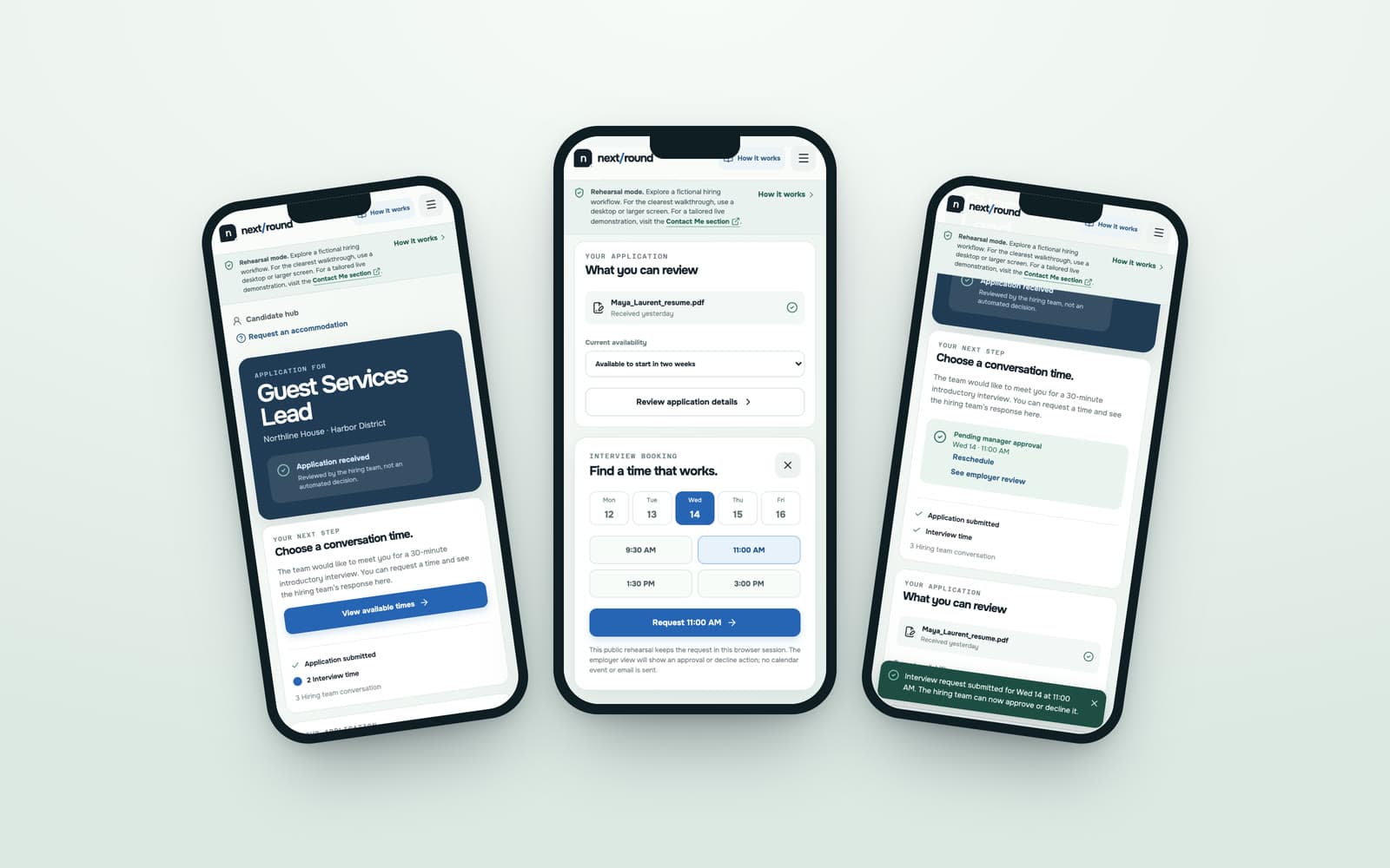 NextRound Hiring candidate view — the side an applicant actually sees: where they stand, their availability, and a booking sheet for choosing an interview time instead of trading emails about it