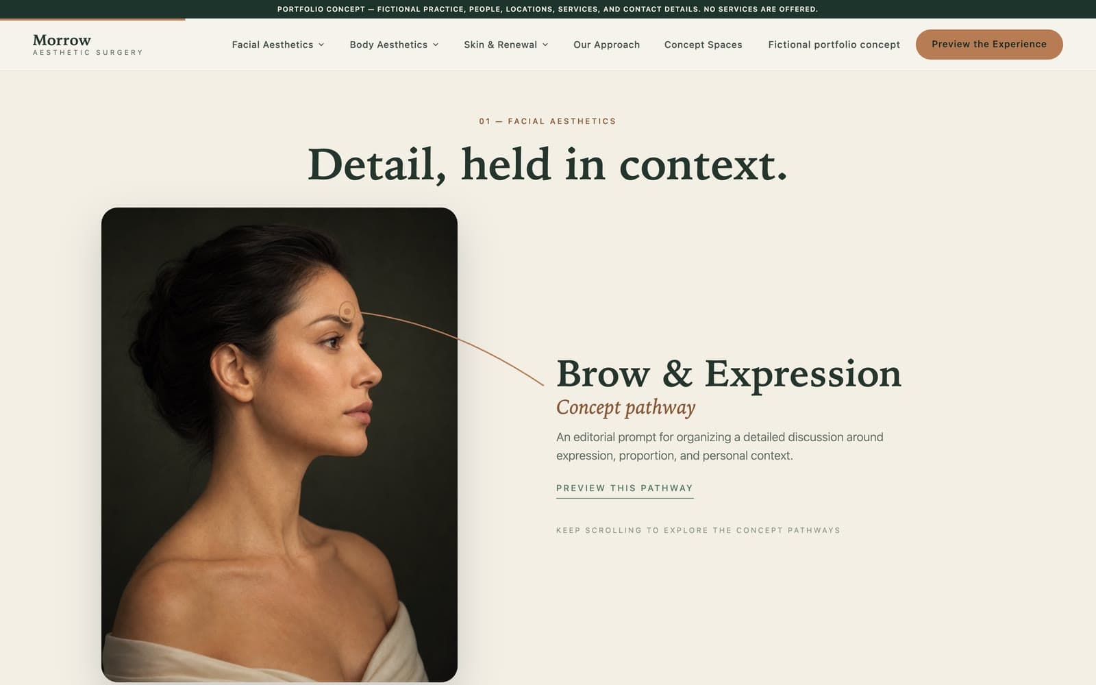 Morrow Aesthetics — a scroll-driven anatomy tour where a gold leader line draws from a marker on the editorial portrait to the active treatment callout