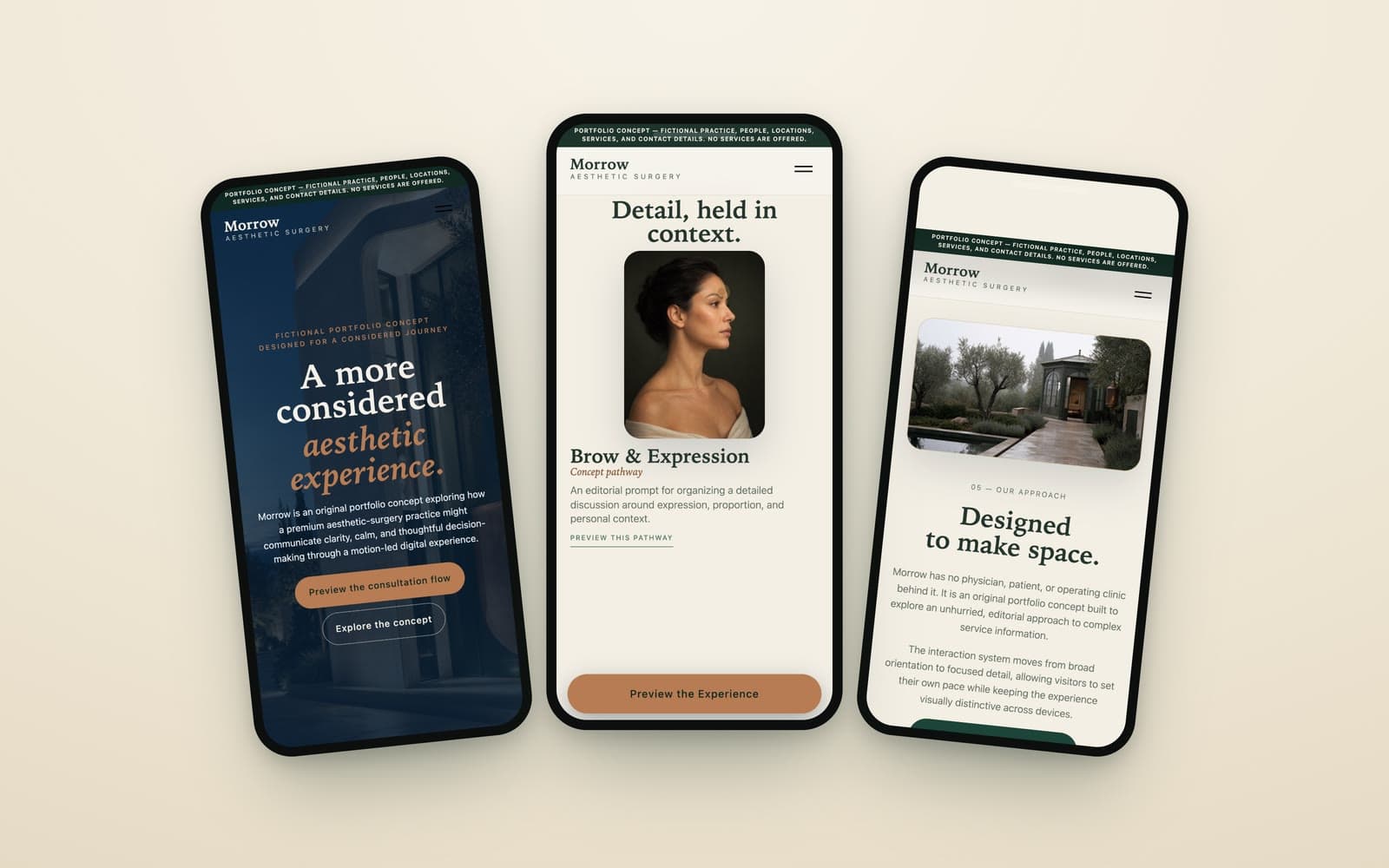 Morrow Aesthetics on a phone — the editorial hero and menu rendered for mobile, proof the concept is fully responsive