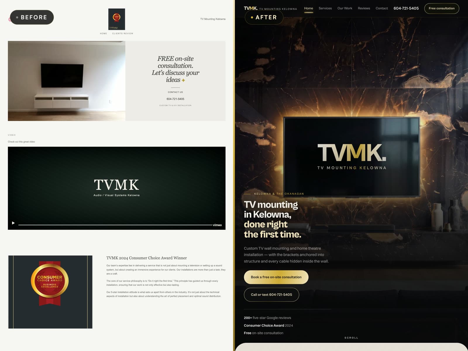The website before and after — the two-page template it replaced on the left, the rebuilt six-page site on the right, both captured at the same viewport