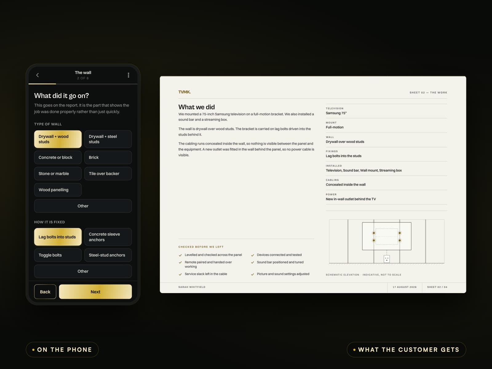 The install-report system — the phone app the installer taps through at the end of a job beside a sheet of the PDF the customer receives, with a schematic wall elevation drawn from the answers he gave